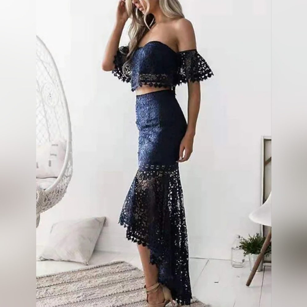 2 pieces lace women crop top maxi skirt set - Picture 2 of 4